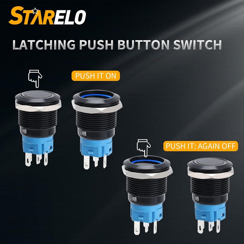 STARELO 5pcs 19mm Latching led Push Button Switch Black Shell, IP65 Waterproof Push Button Switch,1NO 1 NC with Wire Socket Plug,Self-Locking with LED(Blue). - Image 5